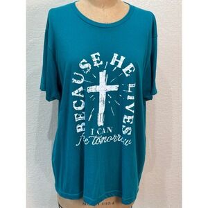 Texas True Threads Womens Large Teal Graphic Tee Because He Lives Cross T-Shirt